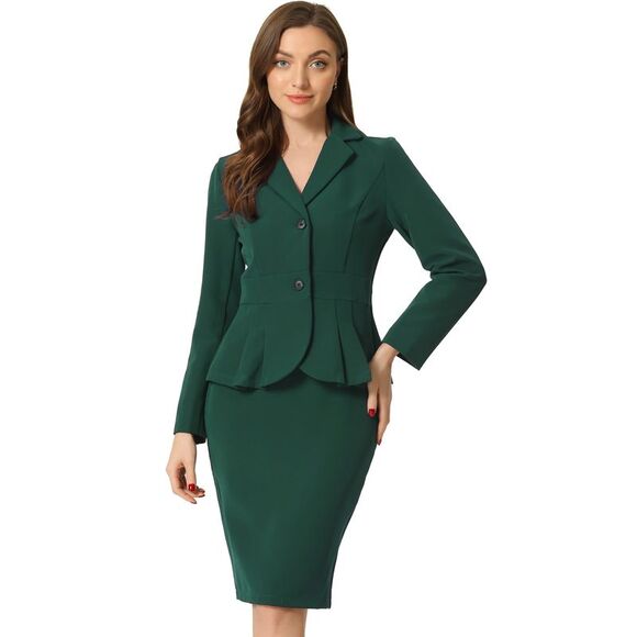 Skirt Suit Set 2 Piece Outfits Office Peplum Blazer Pencil Skirt Dark Green - Picture 1 of 6